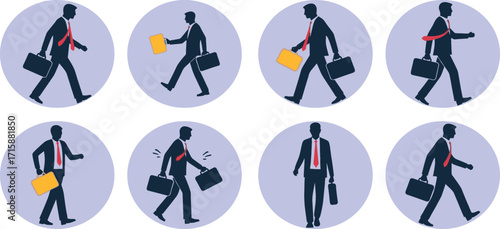 collection of eight circular icons, each depicting a businessman in different walking poses