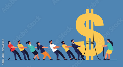 A group of people are playing tug of war with a large dollar sign. This symbolizes financial struggle.