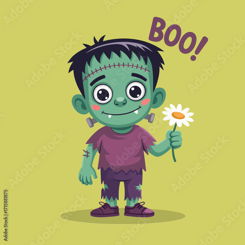 Cute little monster boy, green skin child holding daisy, boo text, halloween kids character, friendly cartoon vector