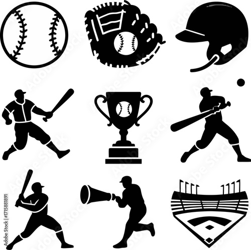 Dynamic baseball icons capture the thrill of the game, celebrating victory and athletic achievement with classic sports imagery