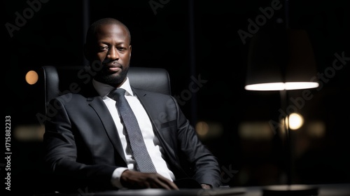 african. A focused African businessperson working late in a modern office illuminated by a desk lamp. pitch deck slides, case study pages, designed for brand storytelling and e-commerce strategy.