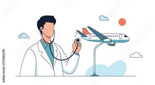 A medical professional checks an airplane with a stethoscope as if it were a patient for any maintenance issues.