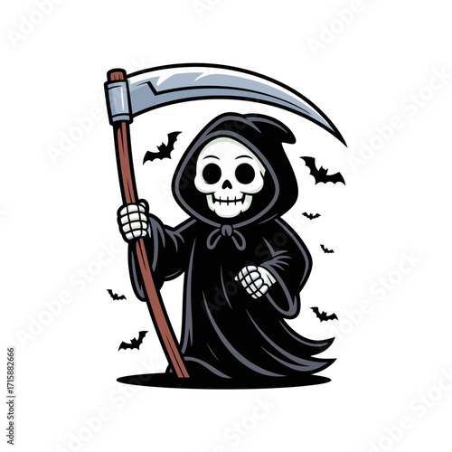 Cartoon grim reaper, smiling skeleton in cloak, sharp scythe weapon, spooky halloween symbol, dark mascot vector illustration