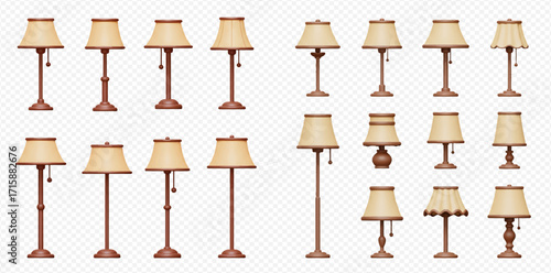 Collection of various table and floor lamps with beige shades and wooden bases, displayed on a transparent background.