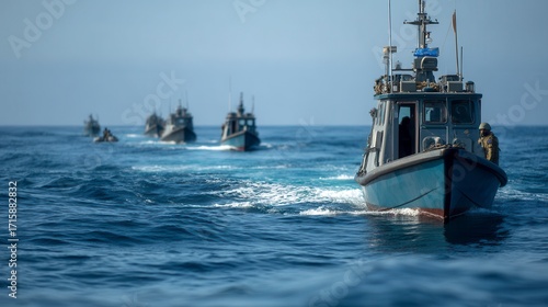 Powerful naval patrol boats conducting military training exercise in blue ocean waters with clear sky background free copy space for text