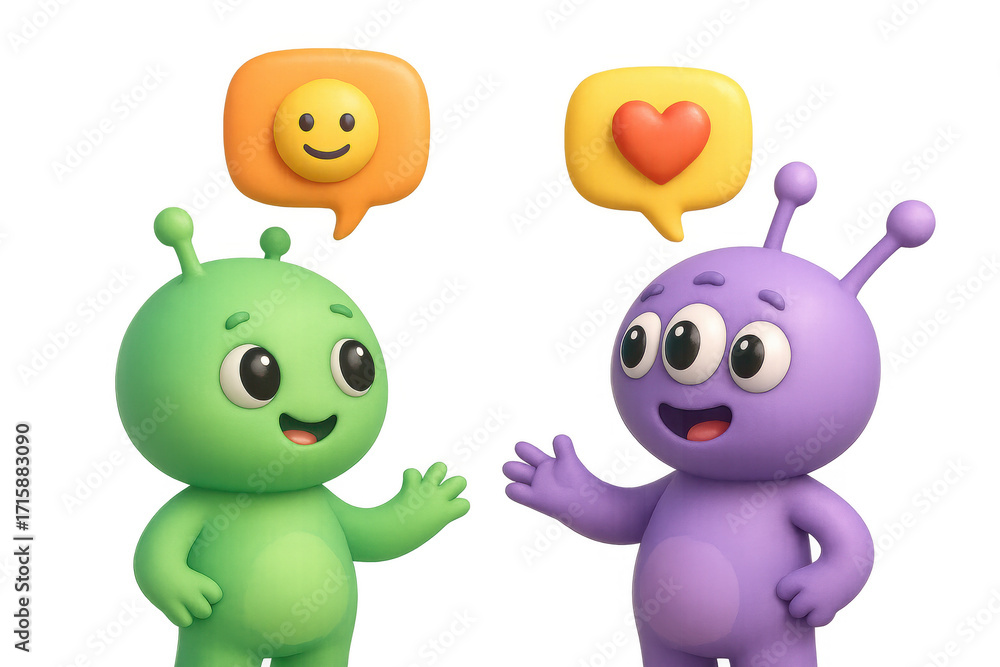 Obraz premium illustration of alien characters sharing emojis in a friendly chat scene