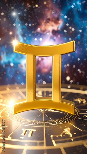 Golden Gemini zodiac symbol on cosmic backdrop