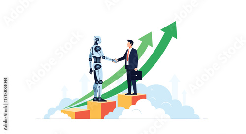 Human and artificial intelligence collaborate to achieve business growth and success together.