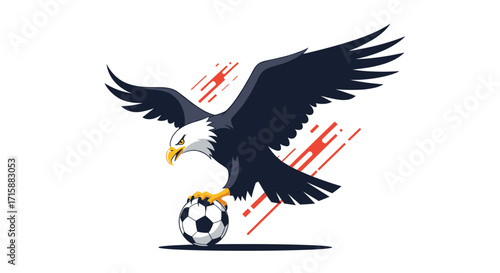 A majestic eagle landing on a soccer ball with abstract red lines in the background.
