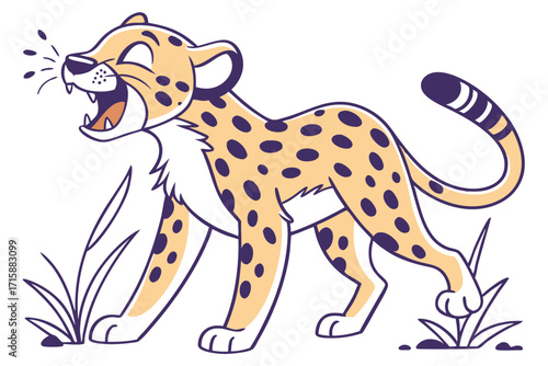 Cute Cartoon Cheetah Yawning Art with a Spotted Coat on White Background
