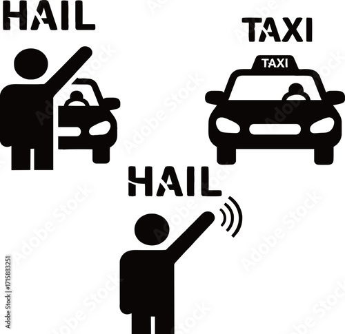  series of three black and white icons that illustrate the concept of hailing a taxi