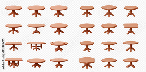 Collection of various wooden tables with different shapes and leg designs arranged on a transparent background.