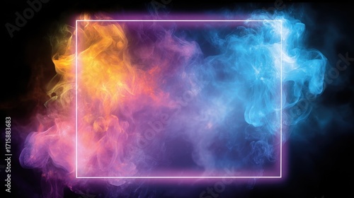 Colorful Smoke Background with Vibrant Hues of Blue, Orange, and Purple in a Soft Focus with a White Border Frame for Creative Designs and Digital Artwork