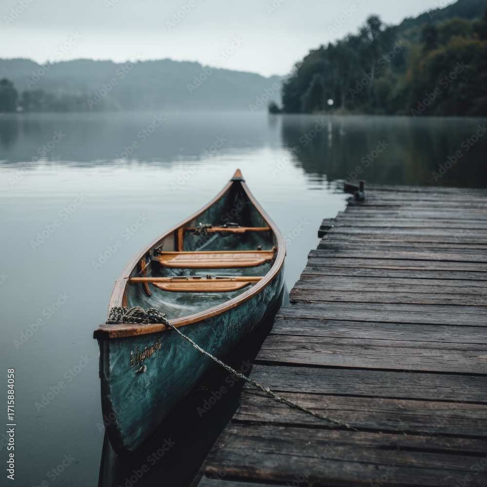 Obraz premium Calm Waters and Boat Dock on Serene Lake at Dawn Light