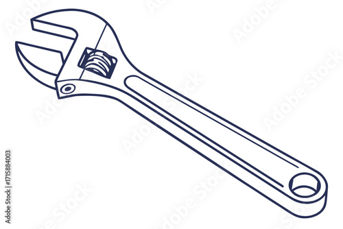 A simple blue line drawing of a classic adjustable wrench, also known as a spanner, shown from a high angle on a white background.