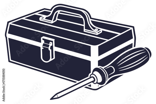 A dark blue graphic illustration of a classic metal toolbox with a handle and latch, accompanied by a screwdriver with a striped handle, suggesting tools for repair or construction.