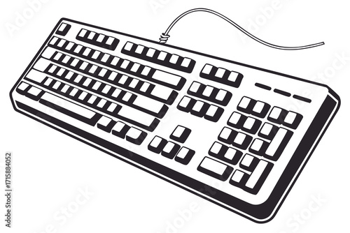 A black and white illustration of a computer keyboard.