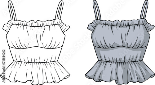 Ruffle crop top fashion flat sketch, sleeveless blouse technical design, stylish women apparel template, cad drawing flat vector illustration