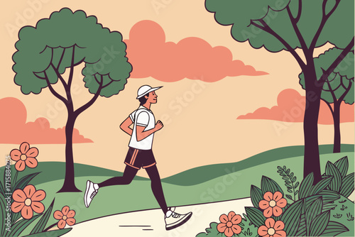 An illustration of a person jogging on a path in a park with trees and flowers under a cloudy sky, depicting outdoor fitness.