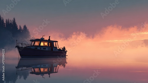 Serene Morning on a Lake with a Boat Silhouette Amid Mist and Soft Sunrise Hues Reflecting in Water for Peaceful Nature Imagery