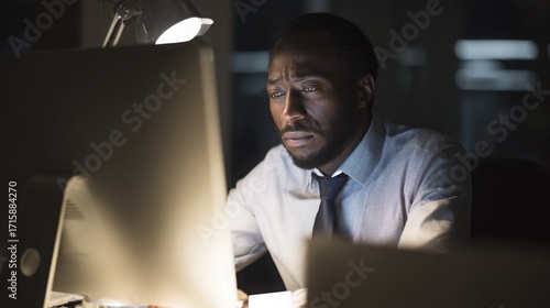 african. A focused African businessperson working late in a modern office illuminated by a desk lamp. pitch deck slides, case study pages, designed for brand storytelling and e-commerce strategy.