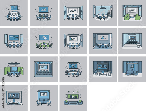 flat-style icons representing various meeting rooms and conference setups