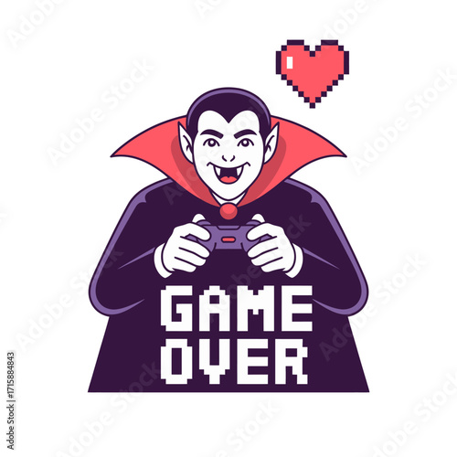 vampire gamer character, game over text, holding controller, pixel heart, minimal style, spooky gaming theme, cute cartoon vector
