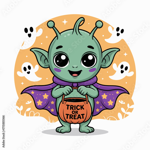 cute alien kid with bat wings, holding trick or treat bucket, smiling face, friendly halloween mascot vector
