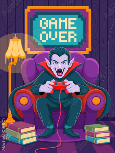 vampire playing video game, armchair scene, television screen says game over, cozy room, halloween gamer illustration, vector design
