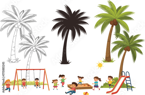 Palm trees, children playing, playground scene, swing set, sandbox fun, slide activity, sunny day, outdoor park, recreation area, happy kids, green fronds, climbing ladder