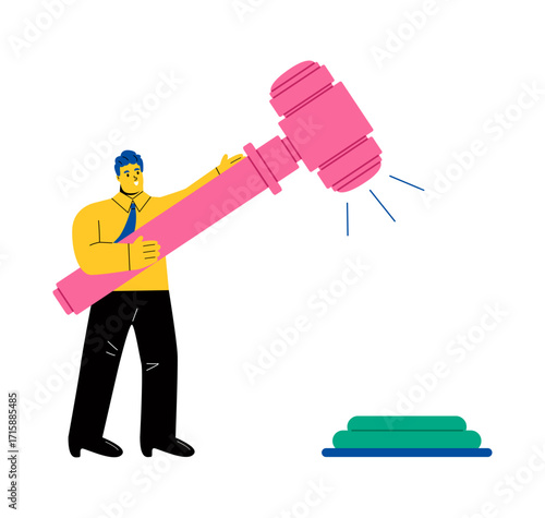 Business man holding big judges gavel. Flat vector illustration isolated on white background