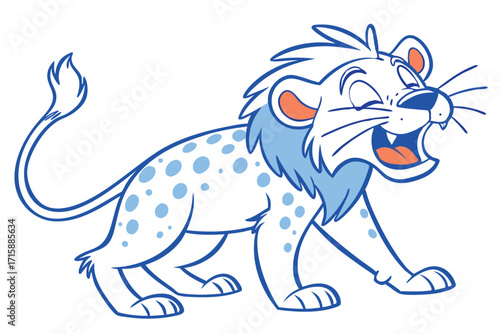 Cute Cartoon White Lion Roaring with Open Mouth, Blue Outline, Isolated on White Background