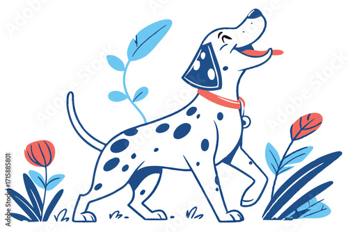 Cute Dalmatian Walking Through Floral Field on White Background