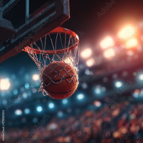 Basketball Going Through Hoop with Blurry Background in Arena