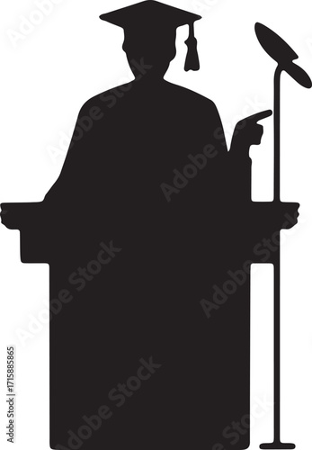 Silhouette of a Graduate Speaking at a Podium with Microphone Against a Transparent Background