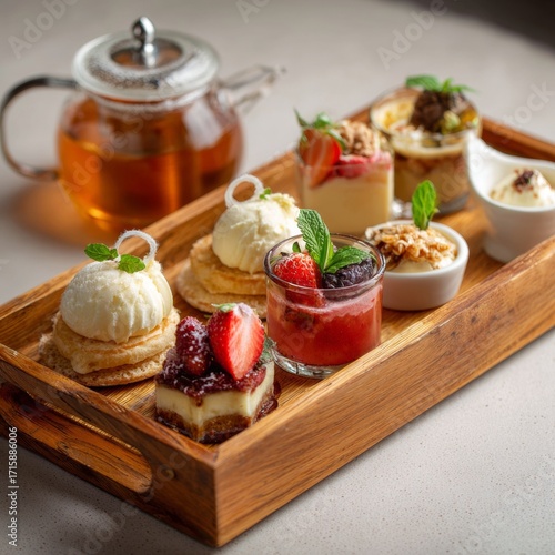 Assorted Delightful Desserts with Fresh Fruits and Herbal Tea