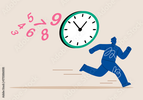 Time concept. Man running away from a clock. Colorful vector illustration