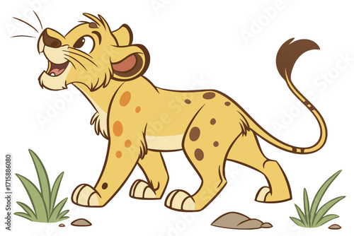 Cute Lion Cub Cartoon Standing with Grass, Spotted Fur on White Background