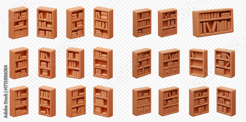 Collection of terracotta-colored bookshelves, some filled with books, arranged on a transparent background.