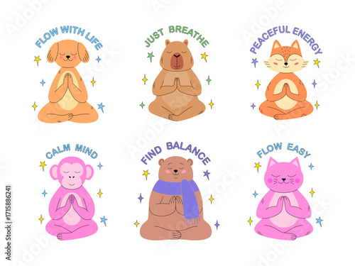 Collection of meditating cartoon animals with motivational yoga phrases.