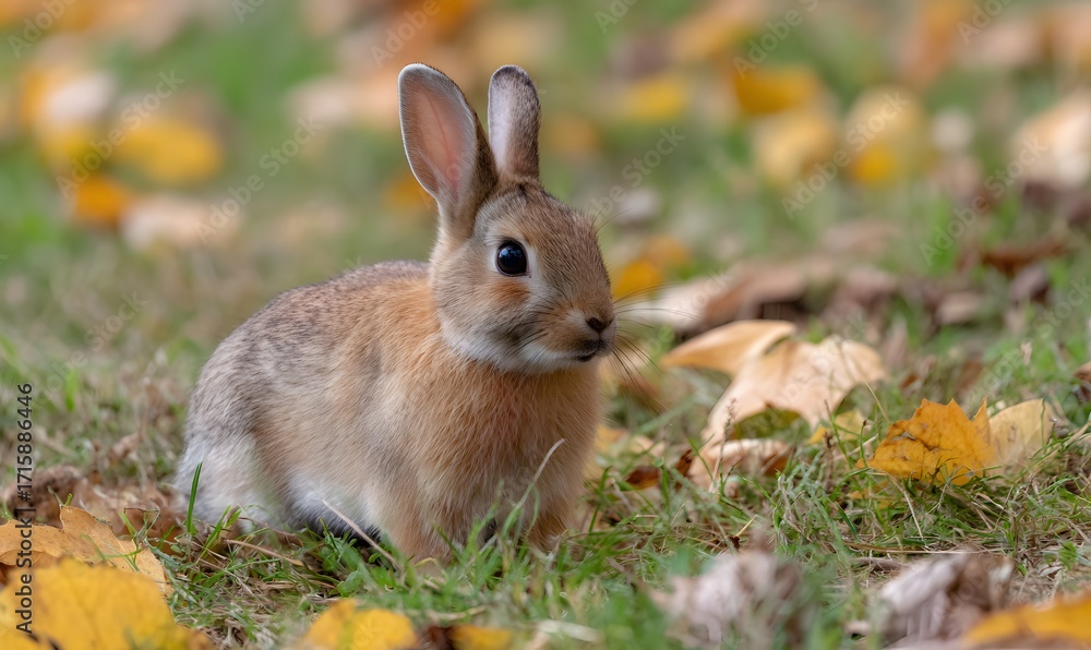 Fototapeta premium A wild rabbit in yellow grass during autumn