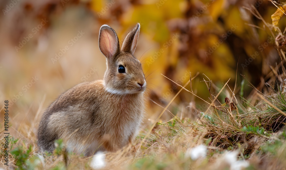 Fototapeta premium A wild rabbit in yellow grass during autumn