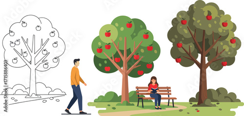 Park scene illustration, apple trees with fruit, people relaxing outdoors, reading on bench, walking path, seasonal nature artwork, decorative lifestyle design