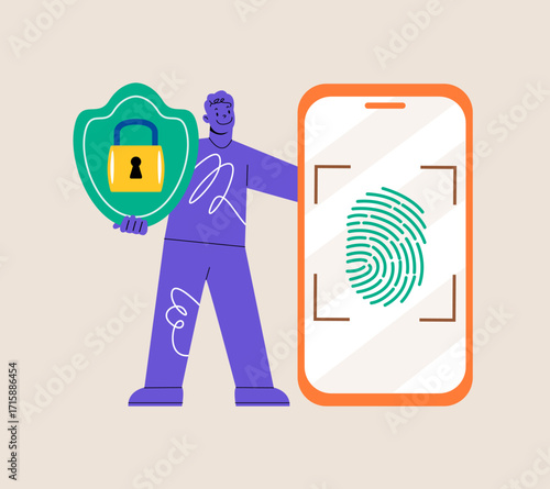 Man looking at fingerprint on phone screen. Security, protection concept. Colorful vector illustration