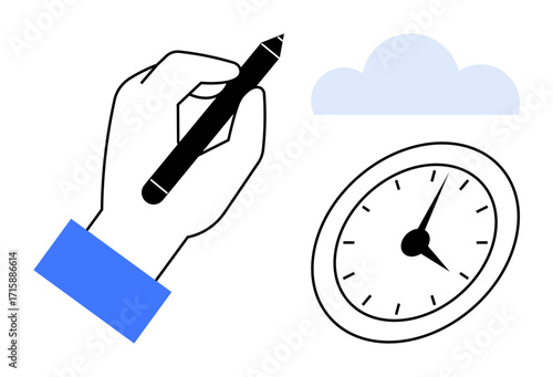 Hand holding pen near clock and cloud visual, representing time management, productivity, creativity, scheduling, online collaboration, cloud technology, and efficiency concepts in a simple flat