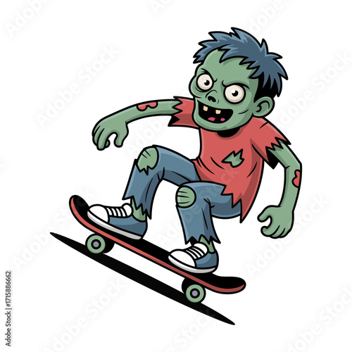 Skateboarding zombie cartoon, undead teen riding board, ripped clothes, urban street style, halloween sports character, playful vector design