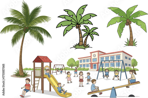 Playground, children, palm trees, school building, outdoor fun, swing, slide, seesaw, greenery, active 