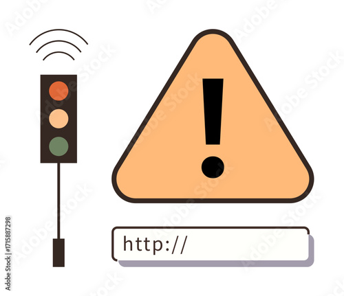 Traffic light with wireless signal, caution triangle with exclamation mark, and web address bar. Ideal for cybersecurity, online safety, caution, warning message, data protection, internet risks