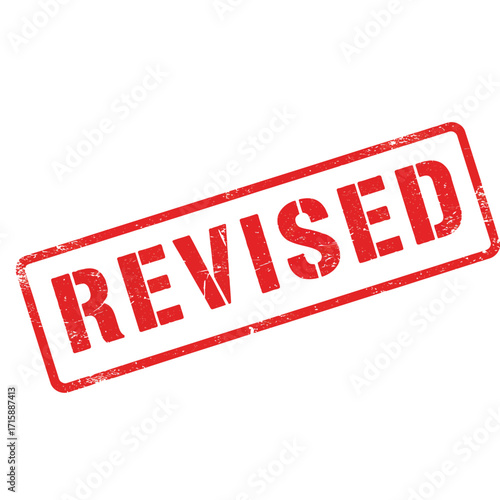 A distressed red stamp reading the word revised isolated on white background