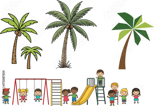 Playground scene with children playing, palm trees background, kids on swings, slide, climbing structure, outdoor fun, tropical park, happy childhood